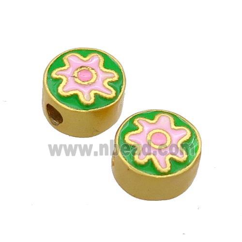 Copper Coin Beads Green Pink Enamel 18K Gold Plated