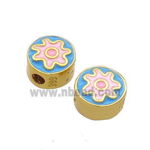 Copper Coin Beads Blue Pink Enamel 18K Gold Plated
