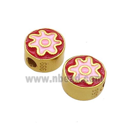 Copper Coin Beads Red Pink Enamel 18K Gold Plated