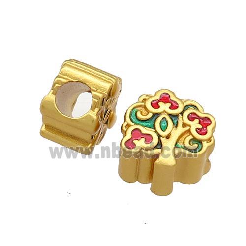 Copper Tree Beads Green Red Cloisonne Large Hole 18K Gold Plated