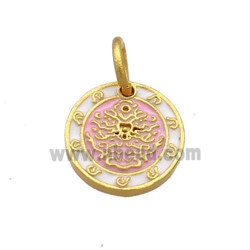 Copper Circle Pendant White Pink Cloisonne Buddhist Zodiac 18K Gold Plated