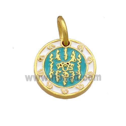 Copper Circle Pendant White Teal Cloisonne Buddhist Zodiac 18K Gold Plated