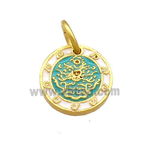 Copper Circle Pendant White Teal Cloisonne Buddhist Zodiac 18K Gold Plated