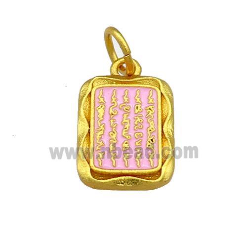 Copper Rectangle Pendant Pink Cloisonne Buddhist 18K Gold Plated