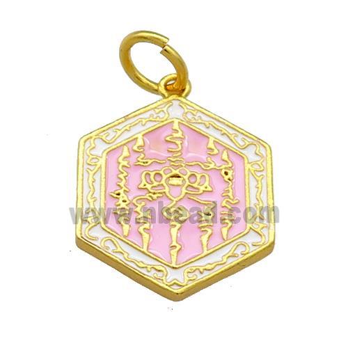 Copper Hexagon Pendant Pink Cloisonne Buddhist 18K Gold Plated