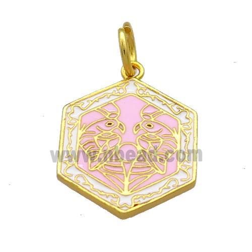 Copper Hexagon Pendant Pink Cloisonne Buddhist 18K Gold Plated