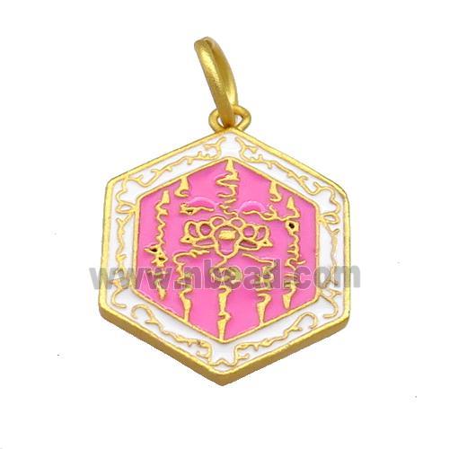 Copper Hexagon Pendant Hotpink Cloisonne Buddhist 18K Gold Plated