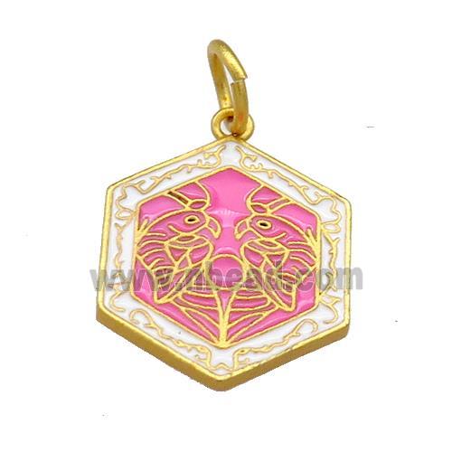 Copper Hexagon Pendant Hotpink Cloisonne Buddhist 18K Gold Plated