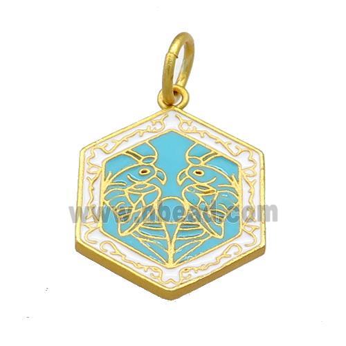 Copper Hexagon Pendant Teal Cloisonne Buddhist 18K Gold Plated