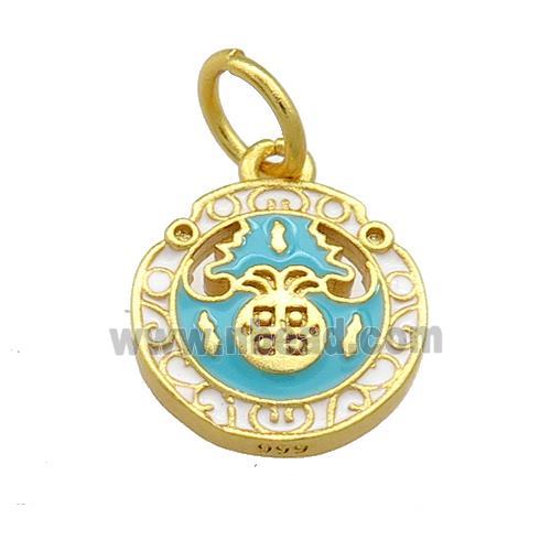 Copper Circle Pendant Teal Cloisonne 18K Gold Plated
