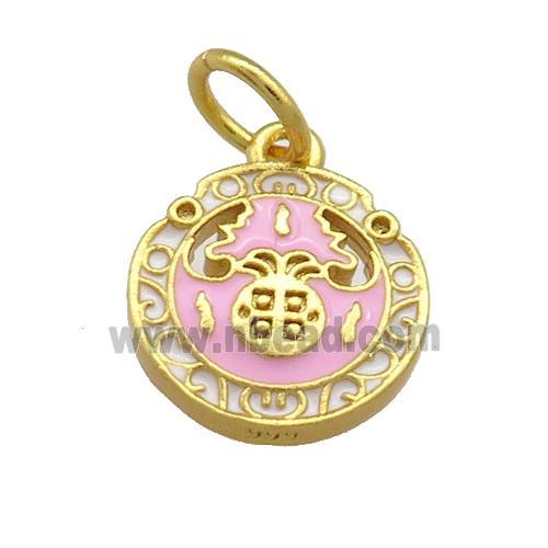 Copper Circle Pendant Pink Cloisonne 18K Gold Plated