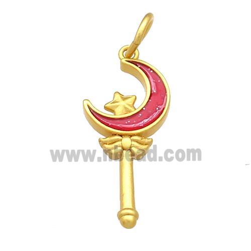 Copper Pendant Star Moon Wand Red Cloisonne 18K Gold Plated