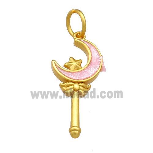 Copper Pendant Star Moon Wand Pink Cloisonne 18K Gold Plated