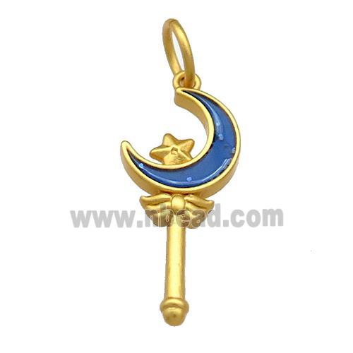 Copper Pendant Star Moon Wand Blue Cloisonne 18K Gold Plated