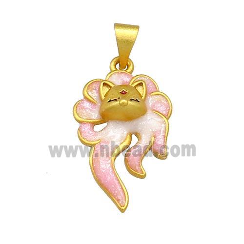 Copper Fox Charms Pendant Pink Cloisoone 18K Gold Plated