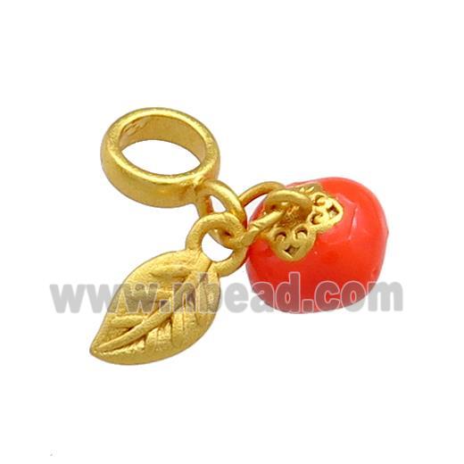 Copper Tomato Charms Pendant Leaf Red Enamel 18K Gold Plated