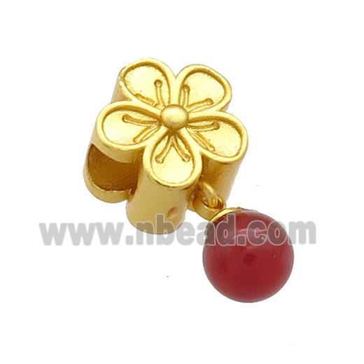 Copper Flower Beads With Green Red Jade 18K Gold Plated
