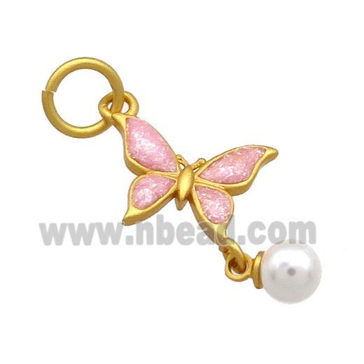 Copper Butterfly Pendant Pave White Pearlized Resin Pink Cloisonne 18K Gold Plated