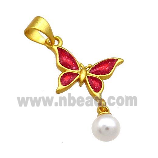 Copper Butterfly Pendant Pave White Pearlized Resin Red Cloisonne 18K Gold Plated
