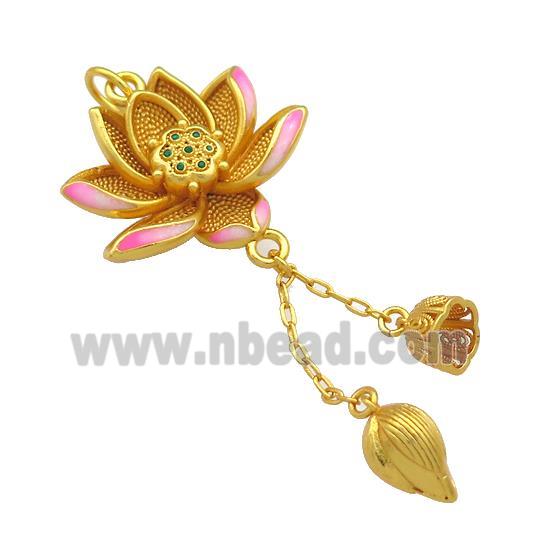 Copper Lotus Flower Pendant Pink Cloisonne Unfade 18K Gold Plated