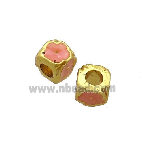 Copper Cube Beads Pink Enamel Large Hole Gold Plated