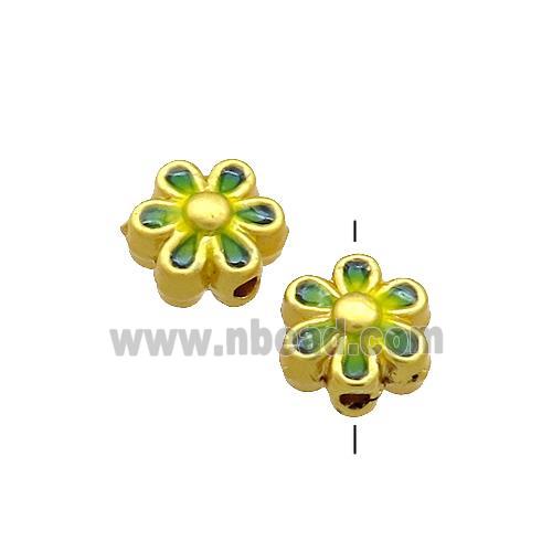 Copper Flower Beads Green Painted Gold Plated