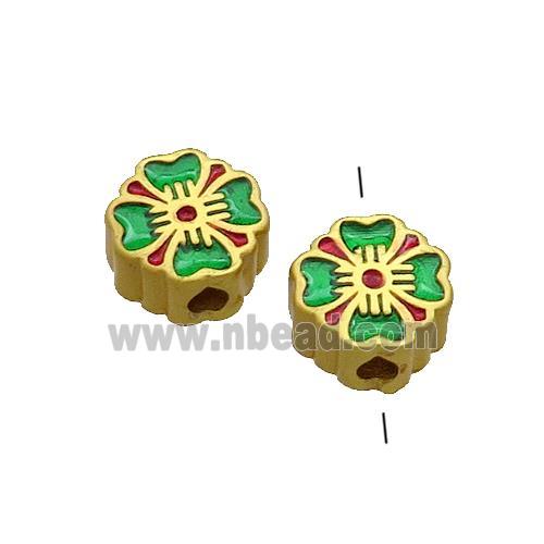 Copper Flower Beads Green Painted Gold Plated