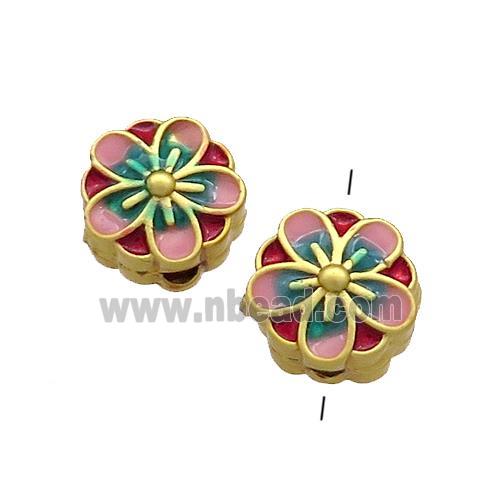 Copper Flower Beads Pink Painted Gold Plated