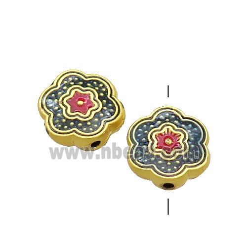 Copper Flower Beads Duckblue Painted Gold Plated