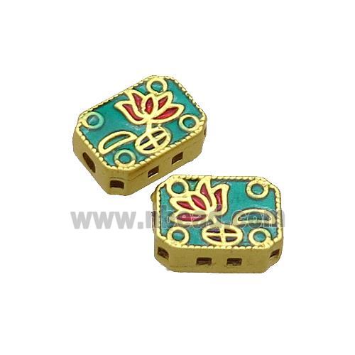 Copper Rectangle Beads Flower Green Painted Gold Plated