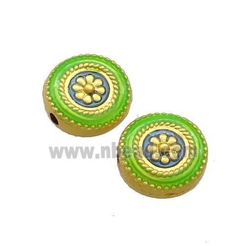 Copper Coin Beads Flower Green Painted Gold Plated