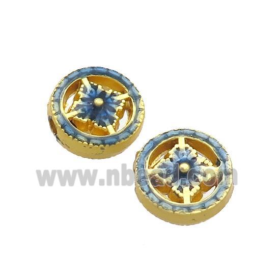 Copper Coin Beads Blue Painted Gold Plated