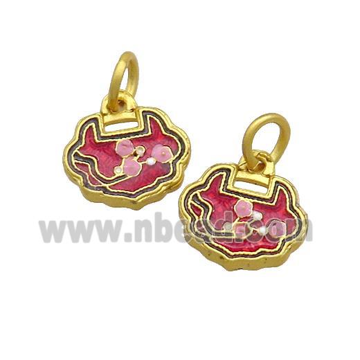 Copper Talisman Pendant Flower Red Painted Gold Plated