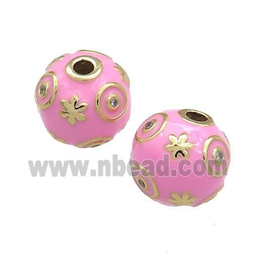 Copper Round Beads Pave Zircon Pink Enamel 18K Gold Plated
