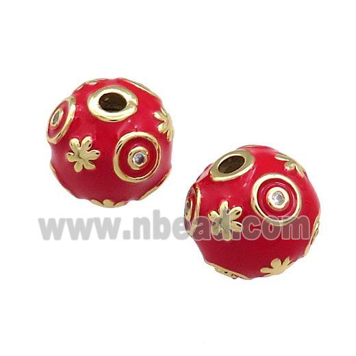 Copper Round Beads Pave Zircon Red Enamel 18K Gold Plated