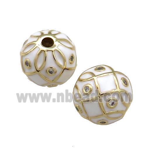 Copper Round Beads Pave Zircon White Enamel 18K Gold Plated