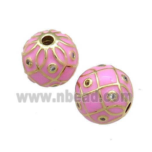 Copper Round Beads Pave Zircon Pink Enamel 18K Gold Plated