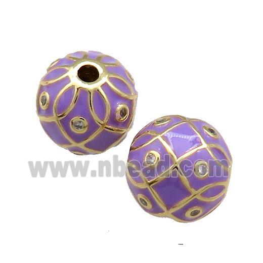 Copper Round Beads Pave Zircon Purple Enamel 18K Gold Plated