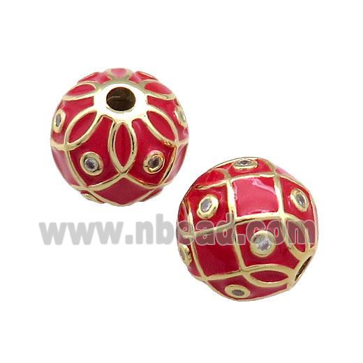 Copper Round Beads Pave Zircon Red Enamel 18K Gold Plated