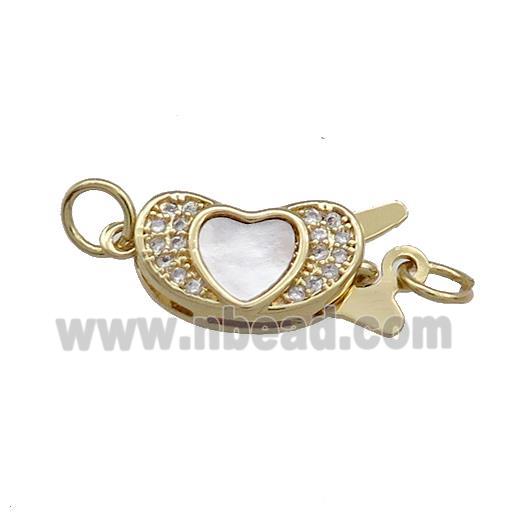 Copper Slider Clasp Pave Shell Zircon Heart 18K Gold Plated