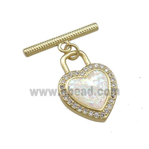 Copper Toggle Clasp Pave White Fire Opal Zircon Heart 18K Gold
