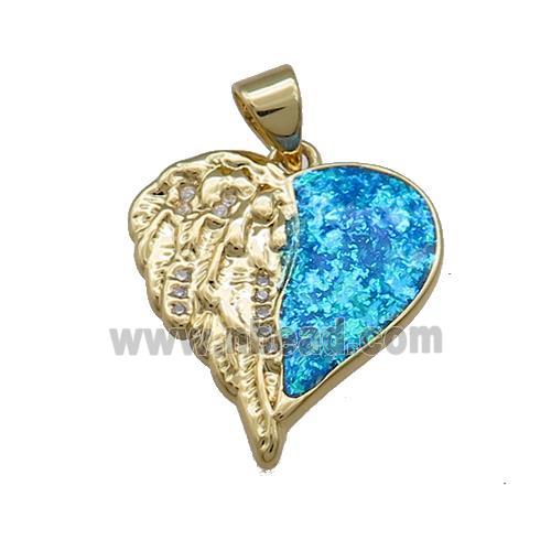 Copper Heart Pendant Pave Fire Opal Zircon Angel Wings 18K Gold