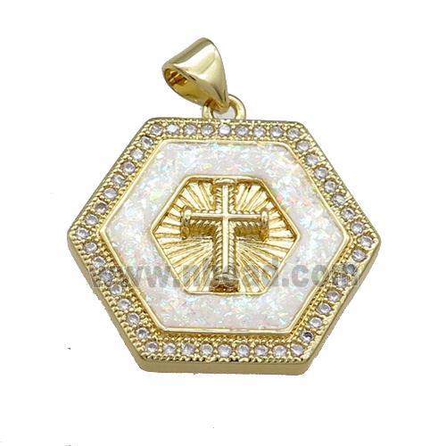 Copper Hexagon Pendant Pave Fire Opal Zircon Cross 18K Gold Plated