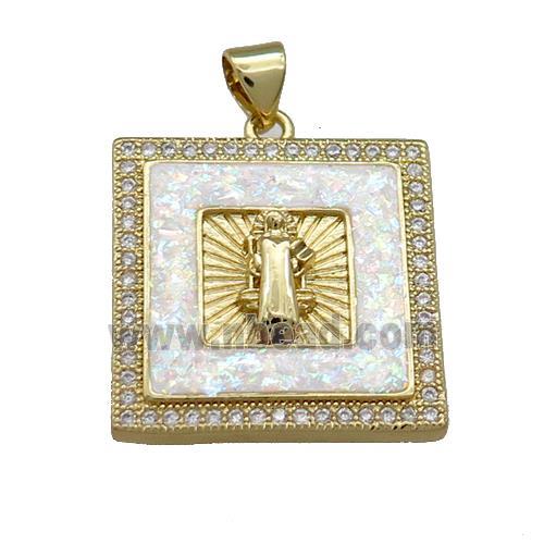 Copper Square Pendant Pave Fire Opal Zircon Jesus 18K Gold Plated