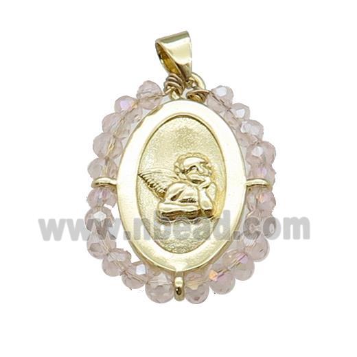 Copper Angel Pendant With Crystal Glass Wire Wrapped Oval Gold Plated