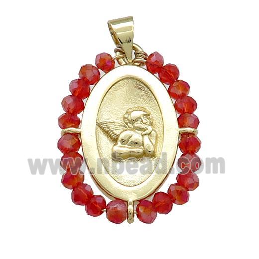 Copper Angel Pendant With Red Crystal Glass Wire Wrapped Oval Gold Plated