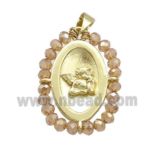 Copper Angel Pendant With Champagne Crystal Glass Wire Wrapped Oval Gold Plated