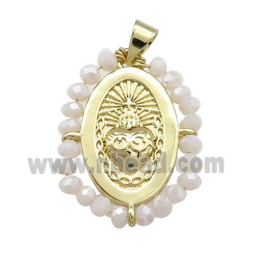 Sacred Heart Charms Copper Oval Pendant With White Crystal Glass Wire Wrapped Gold Plated