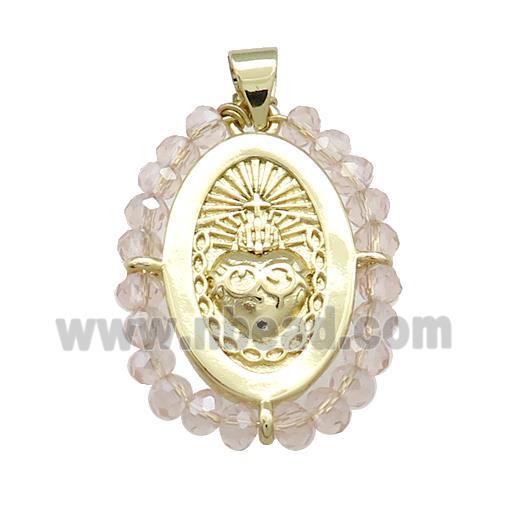 Sacred Heart Charms Copper Oval Pendant With Crystal Glass Wire Wrapped Gold Plated