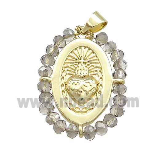 Sacred Heart Charms Copper Oval Pendant With Smoky Crystal Glass Wire Wrapped Gold Plated